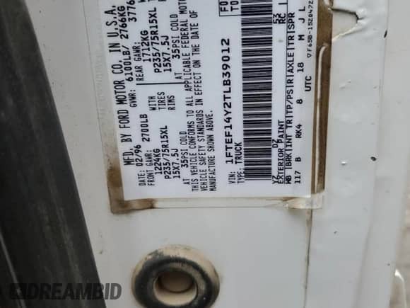 1996 Ford F-150 с VIN 1FTEF14Y2TLB39012, выставлен на аукционе Copart как лот 58576095 с пробегом 162 231 миль миль и Списание • Salvage title. История ставок и продаж доступна на DreamBid. Изображение 12.