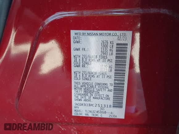 2023 Nissan Pathfinder SL with VIN 5N1DR3CC8PC251318, listed as a IAAI auction lot 42231262 with 22,039 mi miles and . Bid and sale history available at DreamBid. Image 9.