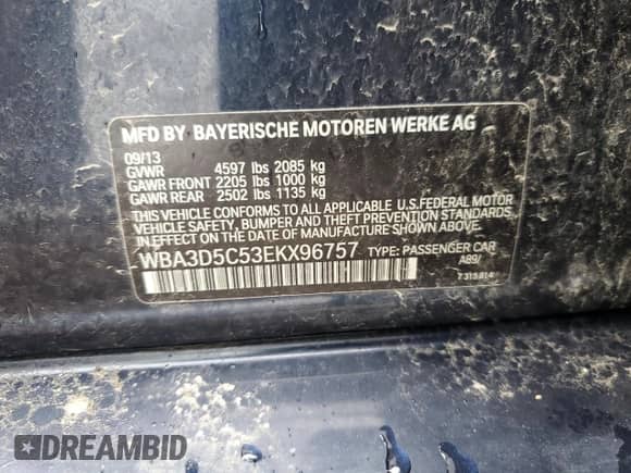 2014 BMW 3 Series 328d xDrive with VIN WBA3D5C53EKX96757, listed as a Copart auction lot 59749185 with 208,197 mi miles and Clean title. Bid and sale history available at DreamBid. Image 12.