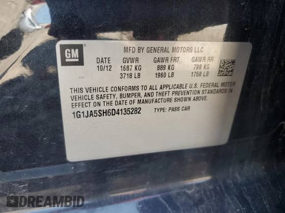 2013 Chevrolet Sonic LS с VIN 1G1JA5SH6D4135282, выставлен на аукционе Copart как лот 57993495 с пробегом 260 242 миль миль и Списание • Salvage title. История ставок и продаж доступна на DreamBid. Изображение 12.