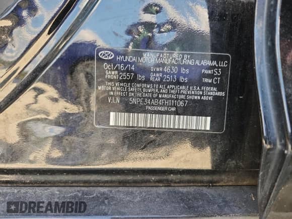 2015 Hyundai Sonata Limited with VIN 5NPE34AB4FH111067, listed as a Copart auction lot 81361405 with 177,509 mi miles and Salvage title. Bid and sale history available at DreamBid. Image 12.