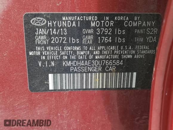 2013 Hyundai Elantra GLS with VIN KMHDH4AE3DU766584, listed as a Copart auction lot 63911625 with 118,823 mi miles and Clean title. Bid and sale history available at DreamBid. Image 12.