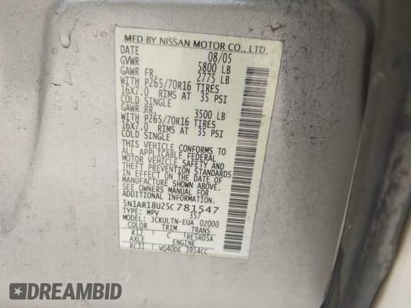 2005 Nissan Pathfinder SE with VIN 5N1AR18U25C781547, listed as a IAAI auction lot 42284394 with 184,942 mi miles and . Bid and sale history available at DreamBid. Image 9.