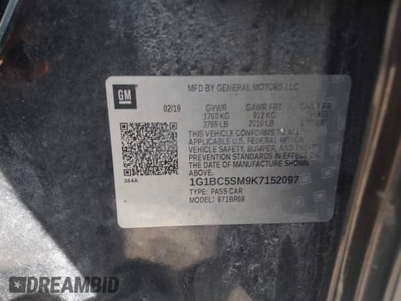 2019 Chevrolet Cruze LS z VIN 1G1BC5SM9K7152097, wystawiony jako IAAI lot #43197925 z przebiegiem 53 996 mil mil oraz . Historia ofert i sprzedaży dostępna na DreamBid. Obrazek 9.