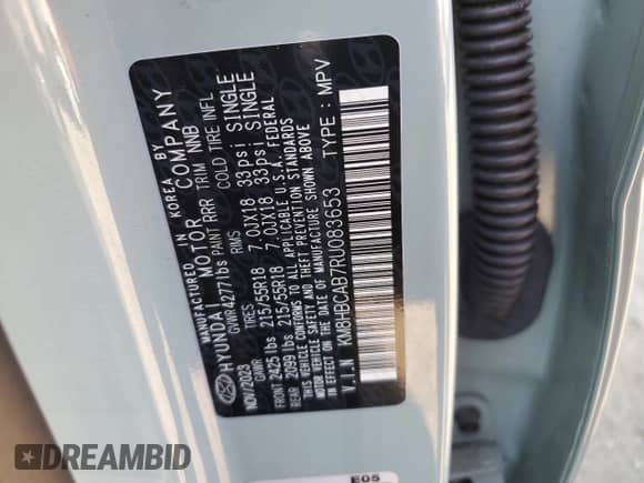 2024 Hyundai Kona SEL с VIN KM8HBCAB7RU083653, выставлен на аукционе Copart как лот 70472875 с пробегом 11 802 миль миль и Списание • Salvage title. История ставок и продаж доступна на DreamBid. Изображение 13.