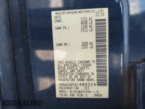 2014 Nissan Maxima SV z VIN 1N4AA5AP2EC489524, wystawiony jako IAAI lot #43028793 z przebiegiem 178 212 mil mil oraz . Historia ofert i sprzedaży dostępna na DreamBid. Obrazek 9.