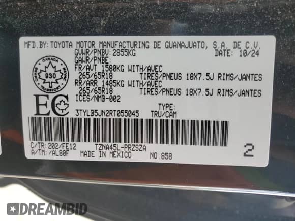 2024 Toyota Tacoma SR5 with VIN 3TYLB5JN2RT055045, listed as a Copart auction lot 69134065 with 25,584 mi miles and Salvage title. Bid and sale history available at DreamBid. Image 12.