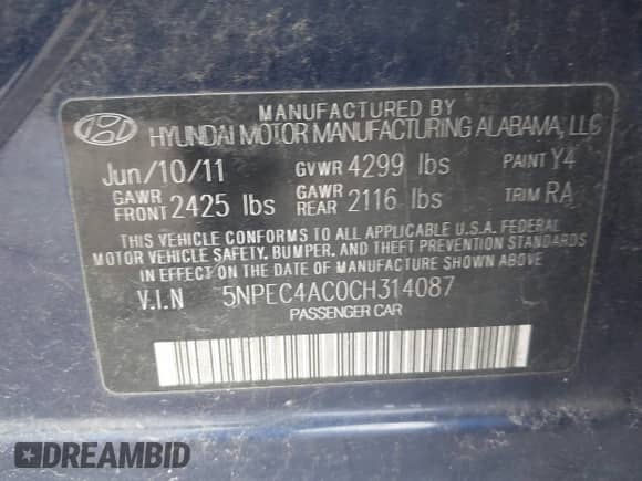 2012 Hyundai Sonata SE z VIN 5NPEC4AC0CH314087, wystawiony jako IAAI lot #43553139 z przebiegiem 178 159 mil mil oraz . Historia ofert i sprzedaży dostępna na DreamBid. Obrazek 9.