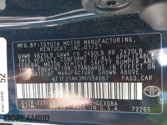 2021 Toyota Camry Hybrid XLE with VIN 4T1F31AK3MU554067, listed as a IAAI auction lot 42681018 with 53,630 mi miles and . Bid and sale history available at DreamBid. Image 9.