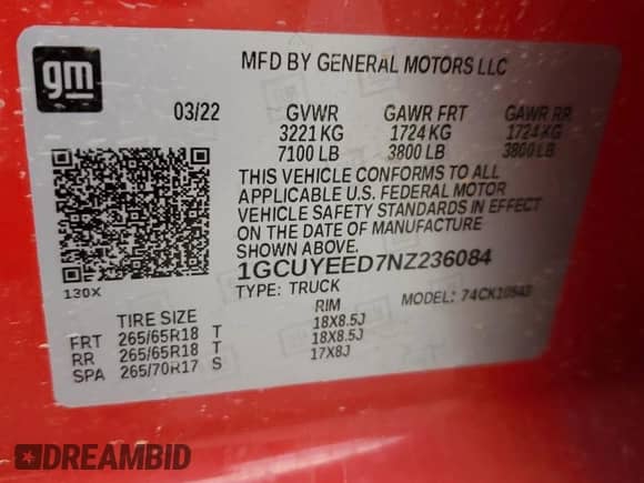 2022 Chevrolet Silverado 1500 RST with VIN 1GCUYEED7NZ236084, listed as a Copart auction lot 68875665 with 92,746 mi miles and Salvage title. Bid and sale history available at DreamBid. Image 12.