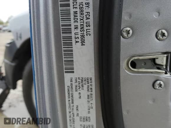 2022 Ram 1500 SSV с VIN 1C6RR7XTXNS195064, выставлен на аукционе Copart как лот 78515754 с пробегом 19 972 миль миль и Списание • Salvage title. История ставок и продаж доступна на DreamBid. Изображение 12.