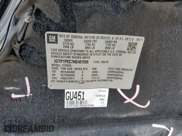 2017 GMC Sierra 1500 Denali with VIN 3GTP1PEC7HG487096, listed as a Copart auction lot 74059724 with 105,667 mi miles and Salvage title. Bid and sale history available at DreamBid. Image 13.