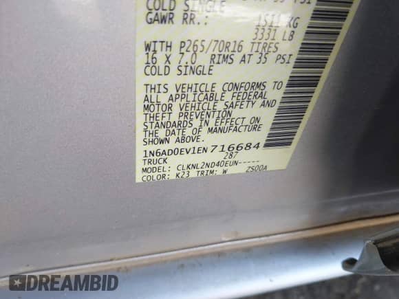 2014 Nissan Frontier S with VIN 1N6AD0EV1EN716684, listed as a IAAI auction lot 41861705 with Not provided miles and . Bid and sale history available at DreamBid. Image 9.