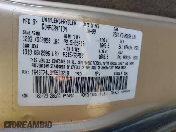 2000 Dodge Grand Caravan с VIN 1B4GT74L8YB593218, выставлен на аукционе IAAI как лот 41421984 с пробегом 191 968 миль миль и . История ставок и продаж доступна на DreamBid. Изображение 9.