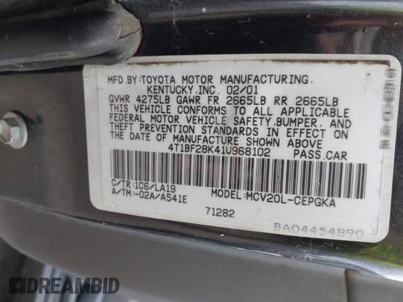 2001 Toyota Camry LE z VIN 4T1BF28K41U968102, wystawiony jako IAAI lot #43192756 z przebiegiem 268 829 mil mil oraz . Historia ofert i sprzedaży dostępna na DreamBid. Obrazek 9.