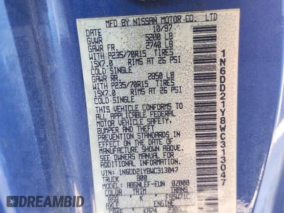 1998 Nissan Frontier with VIN 1N6DD21Y8WC313047, listed as a Copart auction lot 85376735 with Not provided miles and Clean title. Bid and sale history available at DreamBid. Image 12.
