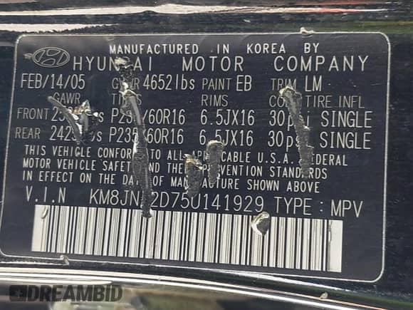 2005 Hyundai Tucson GLS с VIN KM8JN12D75U141929, выставлен на аукционе IAAI как лот 43202184 с пробегом 254 798 миль миль и . История ставок и продаж доступна на DreamBid. Изображение 9.