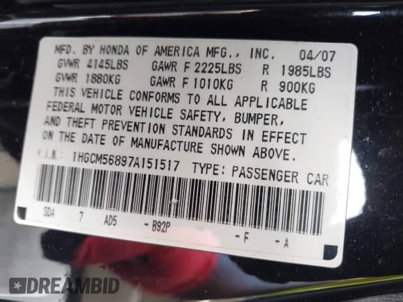 2007 Honda Accord EX-L with VIN 1HGCM56897A151517, listed as a IAAI auction lot 42163664 with Not provided miles and . Bid and sale history available at DreamBid. Image 9.