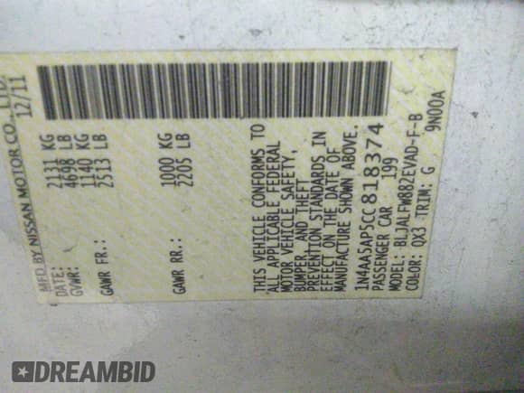 2012 Nissan Maxima SV z VIN 1N4AA5AP5CC818374, wystawiony jako IAAI lot #35309097 z przebiegiem Nie podano mil oraz . Historia ofert i sprzedaży dostępna na DreamBid. Obrazek 9.