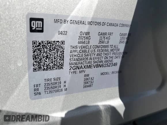 2022 Chevrolet Equinox RS с VIN 2GNAXMEV8N6152349, выставлен на аукционе Copart как лот 81526975 с пробегом 5 422 миль миль и Списание • Salvage title. История ставок и продаж доступна на DreamBid. Изображение 13.