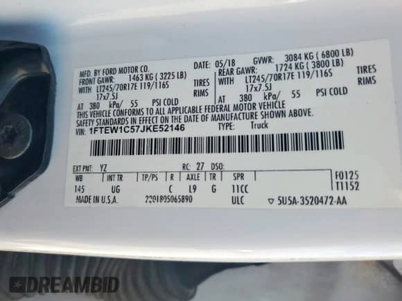 2018 Ford F-150 XL z VIN 1FTEW1C57JKE52146, wystawiony jako Copart lot #84699605 z przebiegiem 223 113 mil mil oraz Czysty tytuł • Clean title. Historia ofert i sprzedaży dostępna na DreamBid. Obrazek 12.