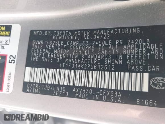 2023 Toyota Camry Hybrid XLE with VIN 4T1F31AK2PU612612, listed as a IAAI auction lot 43246178 with 25,221 mi miles and . Bid and sale history available at DreamBid. Image 9.