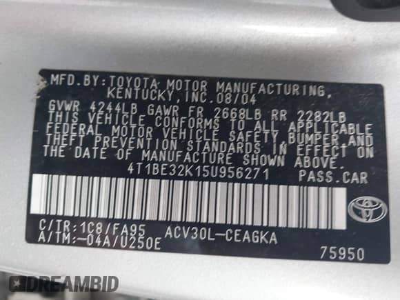 2005 Toyota Camry STD с VIN 4T1BE32K15U956271, выставлен на аукционе IAAI как лот 42990092 с пробегом 145 586 миль миль и . История ставок и продаж доступна на DreamBid. Изображение 9.