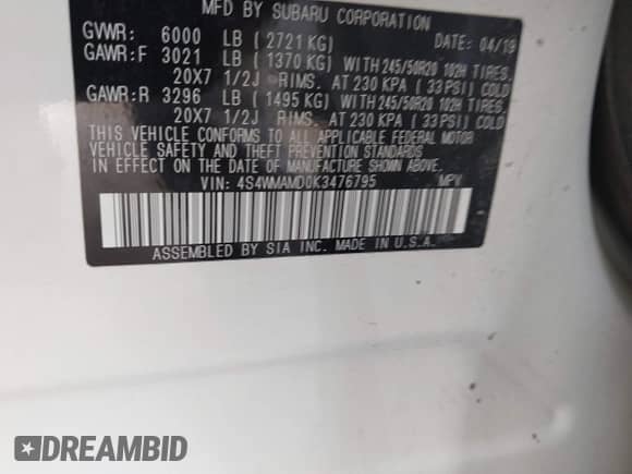 2019 Subaru Ascent Limited with VIN 4S4WMAMD0K3476795, listed as a IAAI auction lot 43401909 with 69,821 mi miles and . Bid and sale history available at DreamBid. Image 9.