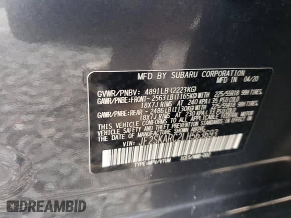 2020 Subaru Forester Special Sports z VIN JF2SKARC2LH563693, wystawiony jako Copart lot #81068555 z przebiegiem 47 708 mil mil oraz Szkoda całkowita • Salvage title. Historia ofert i sprzedaży dostępna na DreamBid. Obrazek 13.