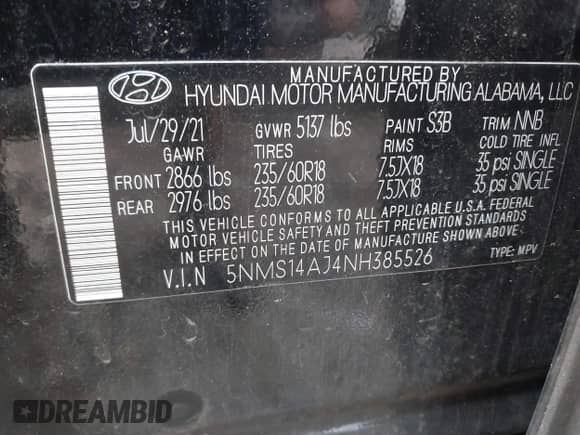 2022 Hyundai Santa Fe SE с VIN 5NMS14AJ4NH385526, выставлен на аукционе IAAI как лот 42657542 с пробегом 96 858 миль миль и . История ставок и продаж доступна на DreamBid. Изображение 9.