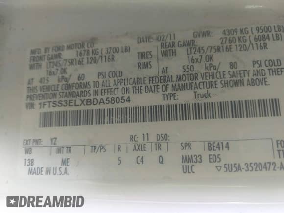 2011 Ford Econoline Cargo Commercial with VIN 1FTSS3ELXBDA58054, listed as a IAAI auction lot 42641162 with 103,413 mi miles and . Bid and sale history available at DreamBid. Image 9.