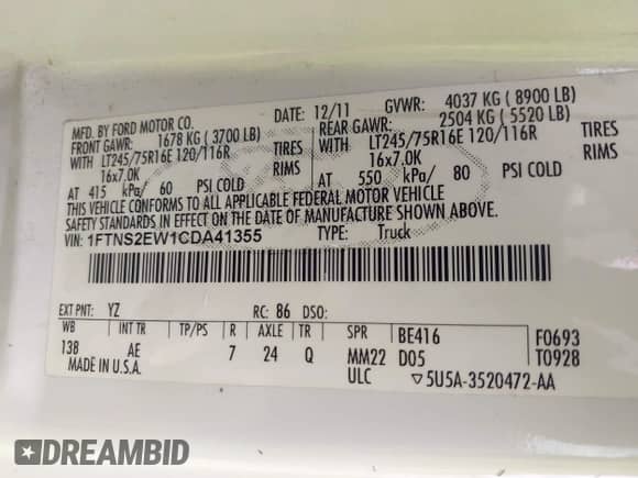 2012 Ford Econoline Cargo Commercial with VIN 1FTNS2EW1CDA41355, listed as a IAAI auction lot 43332039 with 134,489 mi miles and . Bid and sale history available at DreamBid. Image 9.