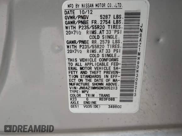 2013 Nissan Murano SV с VIN JN8AZ1MW9DW305213, выставлен на аукционе IAAI как лот 42160736 с пробегом 166 178 миль миль и . История ставок и продаж доступна на DreamBid. Изображение 9.