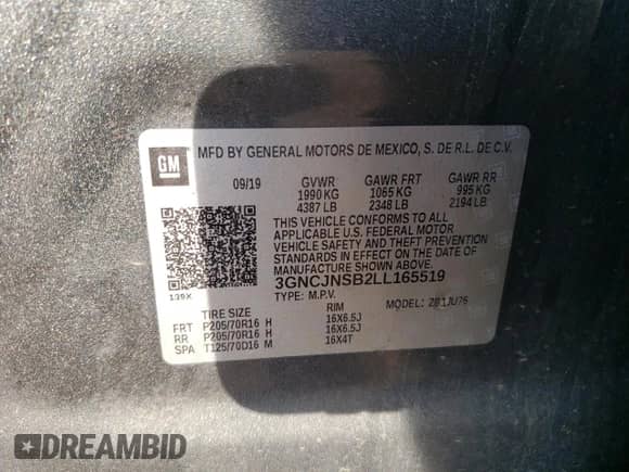 2020 Chevrolet Trax LS с VIN 3GNCJNSB2LL165519, выставлен на аукционе Copart как лот 81072115 с пробегом 98 072 миль миль и Списание • Salvage title. История ставок и продаж доступна на DreamBid. Изображение 13.