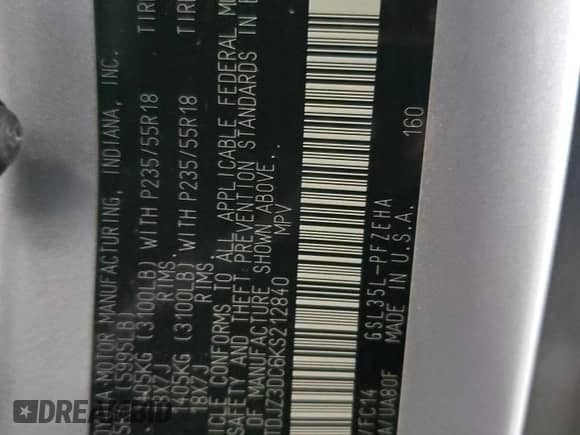 2019 Toyota Sienna LE with VIN 5TDJZ3DC6KS212840, listed as a Copart auction lot 66533785 with Not provided miles and Salvage title. Bid and sale history available at DreamBid. Image 13.