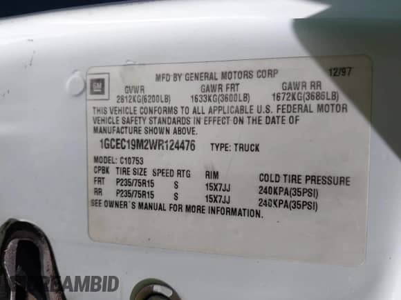 1998 Chevrolet Silverado 1500 z VIN 1GCEC19M2WR124476, wystawiony jako IAAI lot #43159488 z przebiegiem 152 969 mil mil oraz . Historia ofert i sprzedaży dostępna na DreamBid. Obrazek 9.