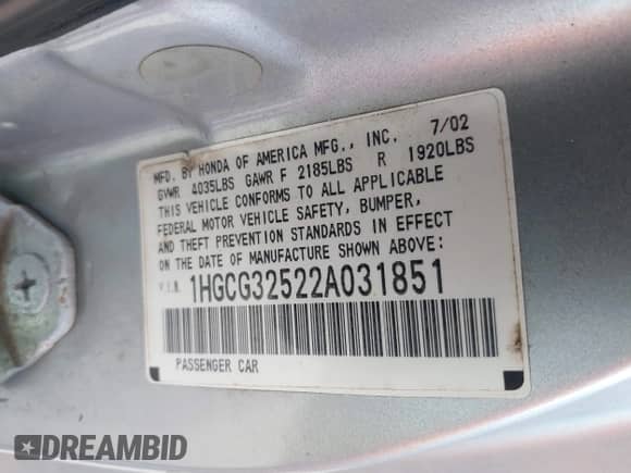 2002 Honda Accord EX with VIN 1HGCG32522A031851, listed as a IAAI auction lot 42598089 with 192,005 mi miles and . Bid and sale history available at DreamBid. Image 9.