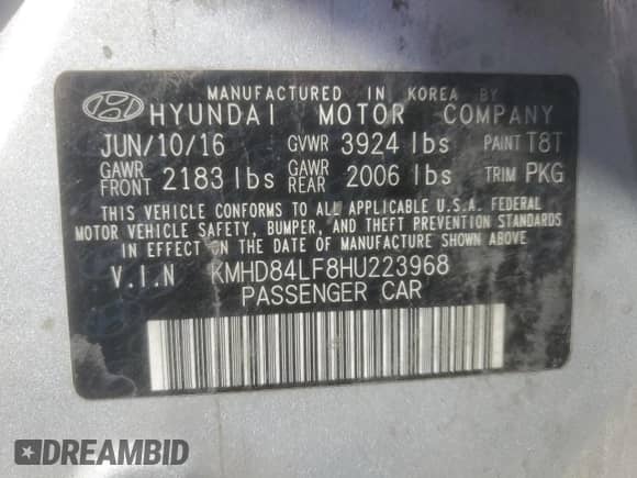 2017 Hyundai Elantra Limited with VIN KMHD84LF8HU223968, listed as a Copart auction lot 86870695 with 101,518 mi miles and Clean title. Bid and sale history available at DreamBid. Image 12.