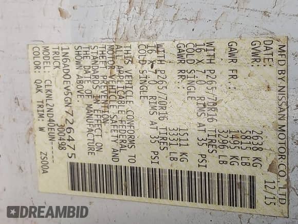 2016 Nissan Frontier SV z VIN 1N6AD0EV5GN726475, wystawiony jako IAAI lot #40481044 z przebiegiem 55 910 mil mil oraz . Historia ofert i sprzedaży dostępna na DreamBid. Obrazek 9.