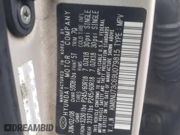 2009 Hyundai Veracruz GLS with VIN KM8NU73C69U079815, listed as a Copart auction lot 44301325 with 197,854 mi miles and Non repairable. Bid and sale history available at DreamBid. Image 14.