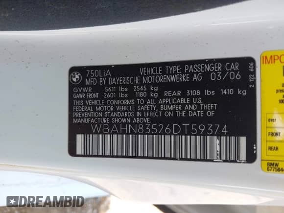 2006 BMW 7 Series 750Li z VIN WBAHN83526DT59374, wystawiony jako IAAI lot #42241727 z przebiegiem 64 239 mil mil oraz . Historia ofert i sprzedaży dostępna na DreamBid. Obrazek 9.