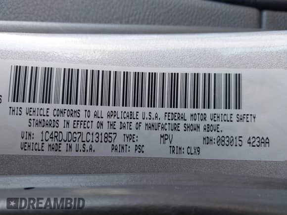 2020 Dodge Durango GT with VIN 1C4RDJDG7LC131857, listed as a IAAI auction lot 41265317 with 72,549 mi miles and . Bid and sale history available at DreamBid. Image 9.