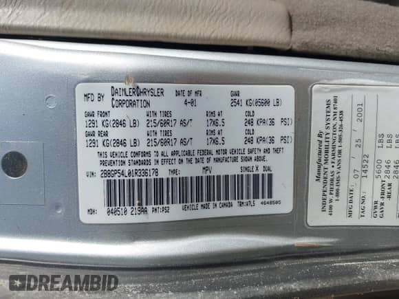 2001 Dodge Caravan ES with VIN 2B8GP54L01R336178, listed as a IAAI auction lot 42681084 with 127,685 mi miles and . Bid and sale history available at DreamBid. Image 9.