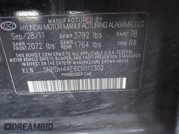 2012 Hyundai Elantra Limited with VIN 5NPDH4AE6CH111302, listed as a IAAI auction lot 42890720 with 206,588 mi miles and . Bid and sale history available at DreamBid. Image 9.