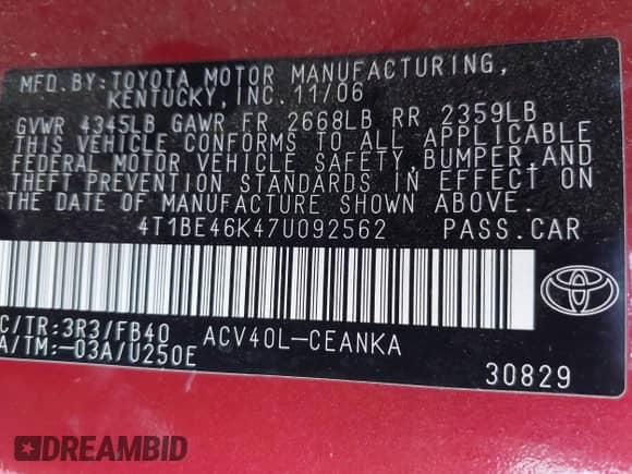 2007 Toyota Camry CE with VIN 4T1BE46K47U092562, listed as a IAAI auction lot 43158783 with 155,008 mi miles and . Bid and sale history available at DreamBid. Image 9.