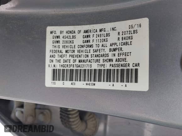 2016 Honda Accord Touring with VIN 1HGCR3F97GA031715, listed as a IAAI auction lot 43144733 with Not provided miles and . Bid and sale history available at DreamBid. Image 9.