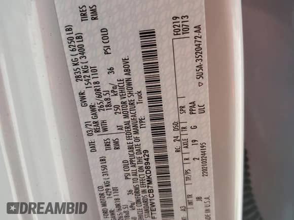 2021 Ford F-150 XL z VIN 1FTEW1CB7MKD89429, wystawiony jako Copart lot #54767905 z przebiegiem 29 361 mil mil oraz Szkoda całkowita • Salvage title. Historia ofert i sprzedaży dostępna na DreamBid. Obrazek 12.