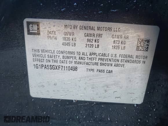 2015 Chevrolet Cruze LS с VIN 1G1PA5SGXF7110498, выставлен на аукционе IAAI как лот 43273649 с пробегом 145 700 миль миль и . История ставок и продаж доступна на DreamBid. Изображение 9.