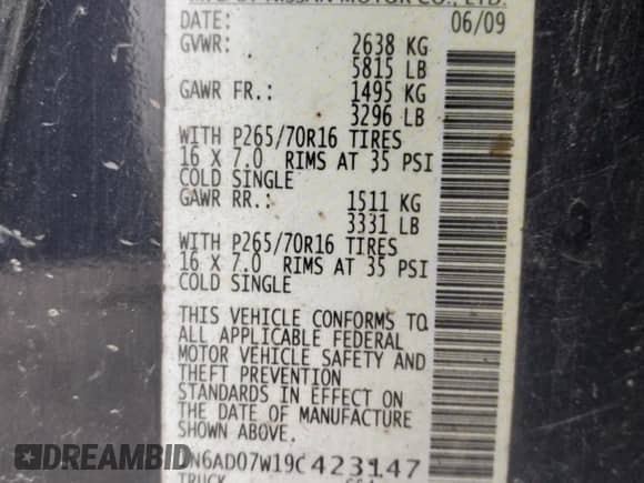 2009 Nissan Frontier SE с VIN 1N6AD07W19C423147, выставлен на аукционе Copart как лот 64547705 с пробегом 244 587 миль миль и На запчасти • Non repairable. История ставок и продаж доступна на DreamBid. Изображение 12.