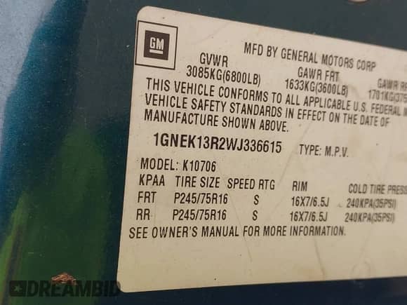 1998 Chevrolet Tahoe с VIN 1GNEK13R2WJ336615, выставлен на аукционе IAAI как лот 43285871 с пробегом 278 053 миль миль и . История ставок и продаж доступна на DreamBid. Изображение 9.